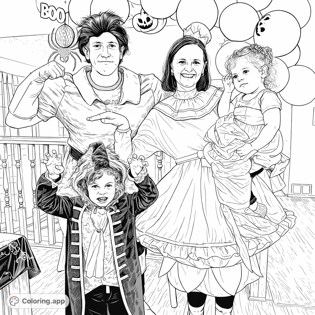 A joyful family dressed in elaborate fairytale and beast costumes, celebrating amidst festive Halloween balloons and decor. Perfect for a fun and creative coloring experience!