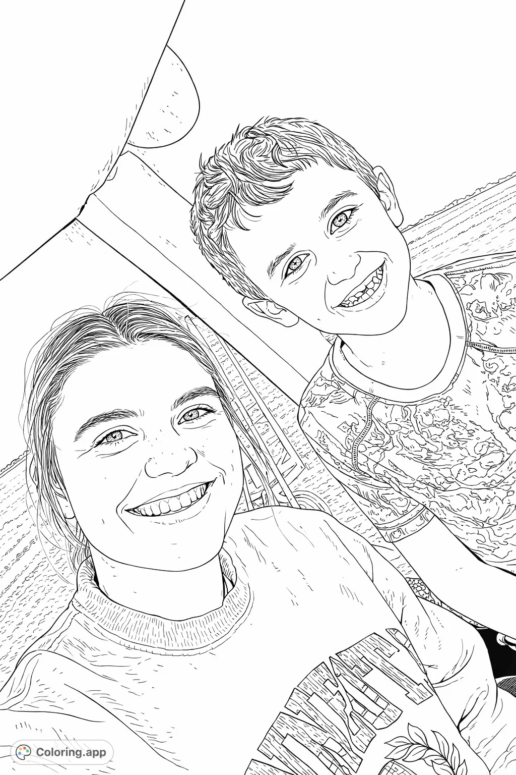 A heartwarming farm family coloring page capturing a smiling woman and boy inside a vehicle, overlooking a vast agricultural field. Enjoy this free printable coloring page!