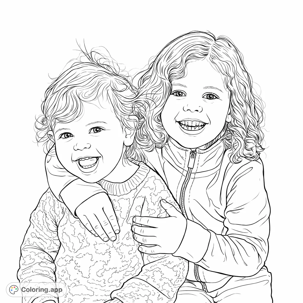 A heartwarming coloring page featuring two smiling children embracing, showcasing joyful expressions and detailed clothing textures perfect for creative coloring fun.