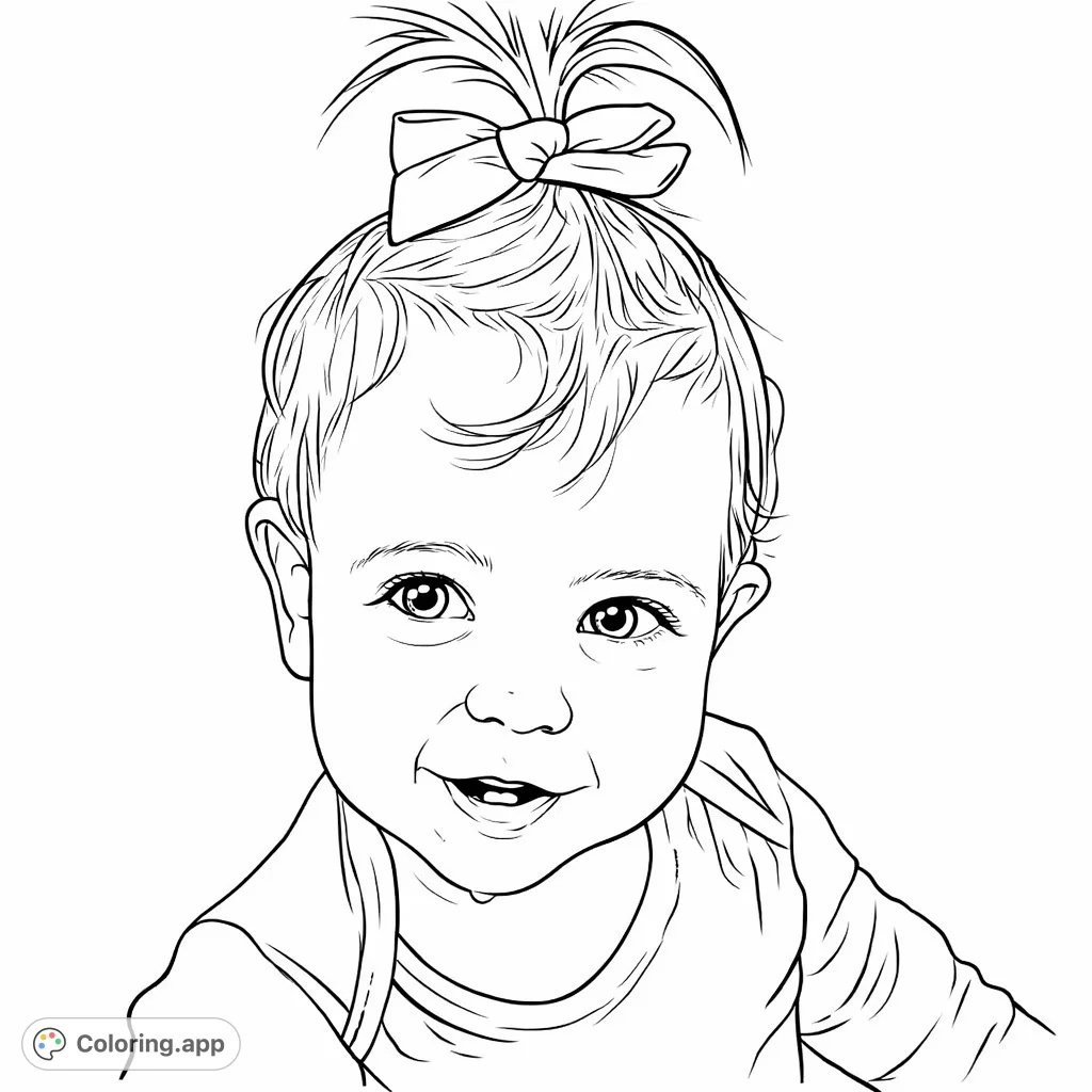 Adorable baby with a cheerful smile and a cute bow in her hair, looking up playfully. A delightful scene for joyful coloring.