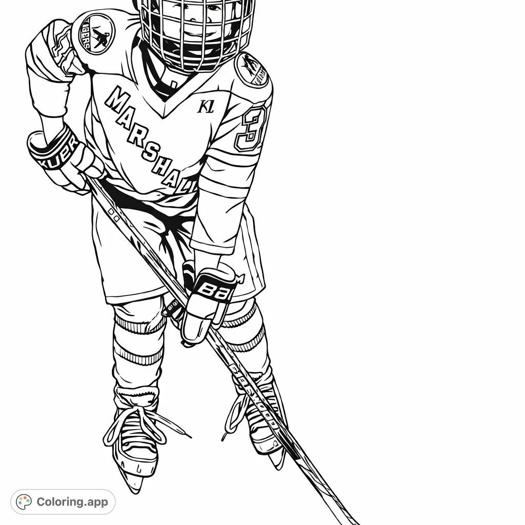 A dynamic youth hockey player in full gear, poised on the ice with a stick, ready for action. Perfect for sports fans to color.