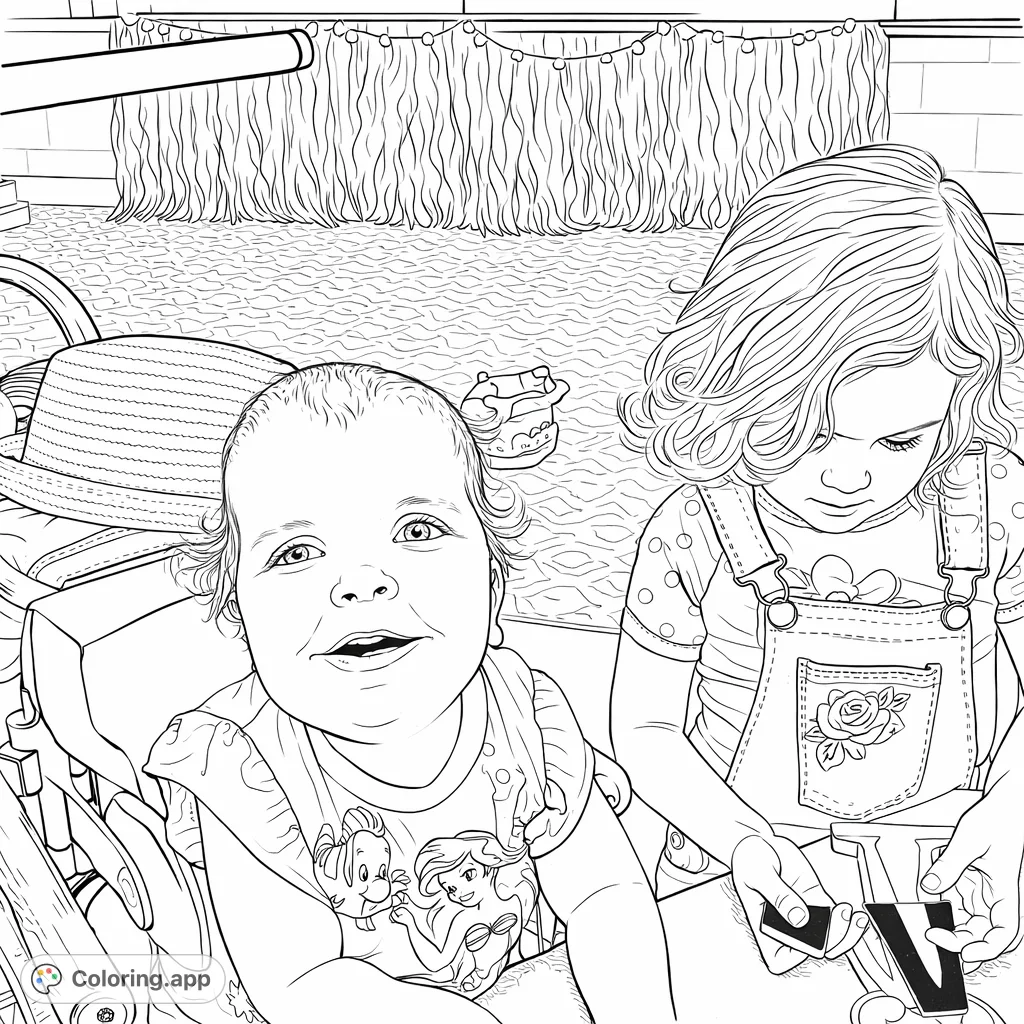 Engaging coloring page featuring two children playing with letter blocks, set in a decorated room with a friendly, inviting atmosphere.