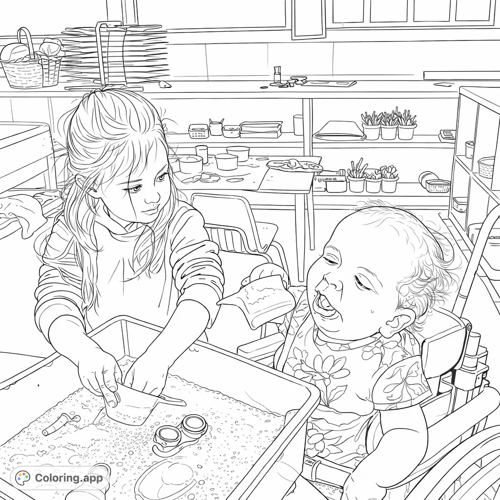 Join two children enjoying a fun sensory play activity in a lively classroom. One child explores a tub of foam and toys, while the other interacts with a cup, capturing a heartwarming moment.