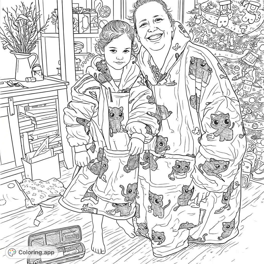 A heartwarming coloring page featuring an adult and child in matching oversized cat-patterned blankets. Perfect for a cozy creative session.