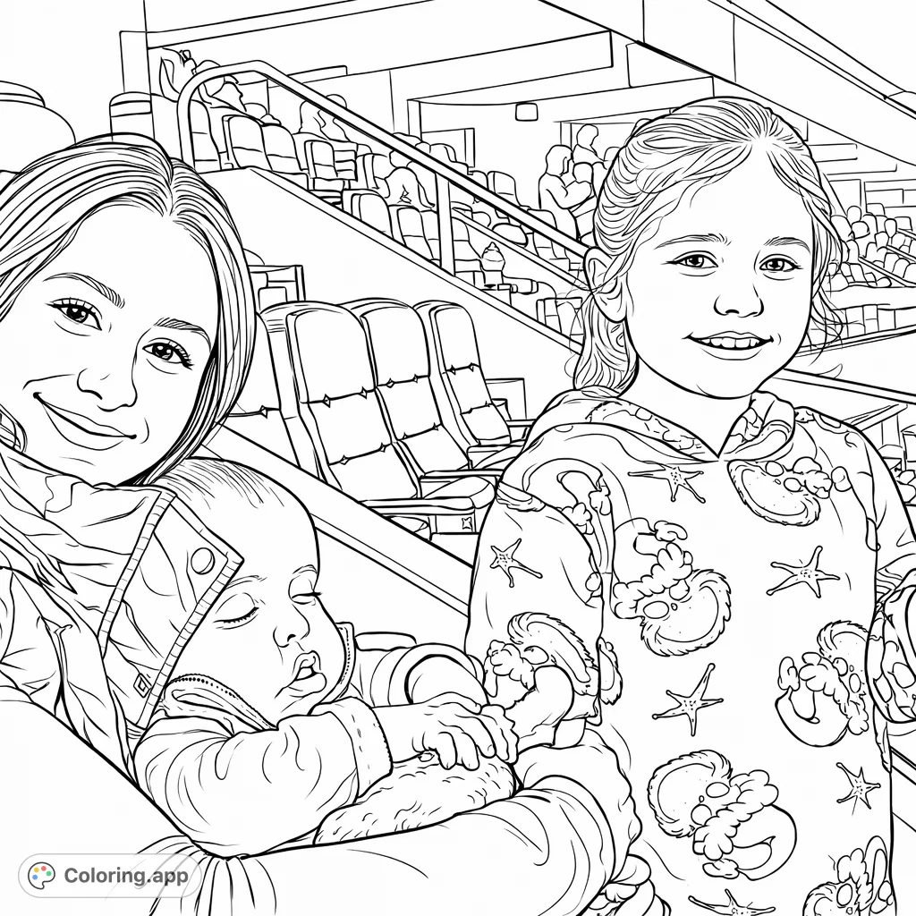 Capture a heartwarming family moment at a stadium, featuring a mother, a sleeping baby, and a cheerful young girl in a fun patterned hoodie. Perfect for a cozy coloring experience.