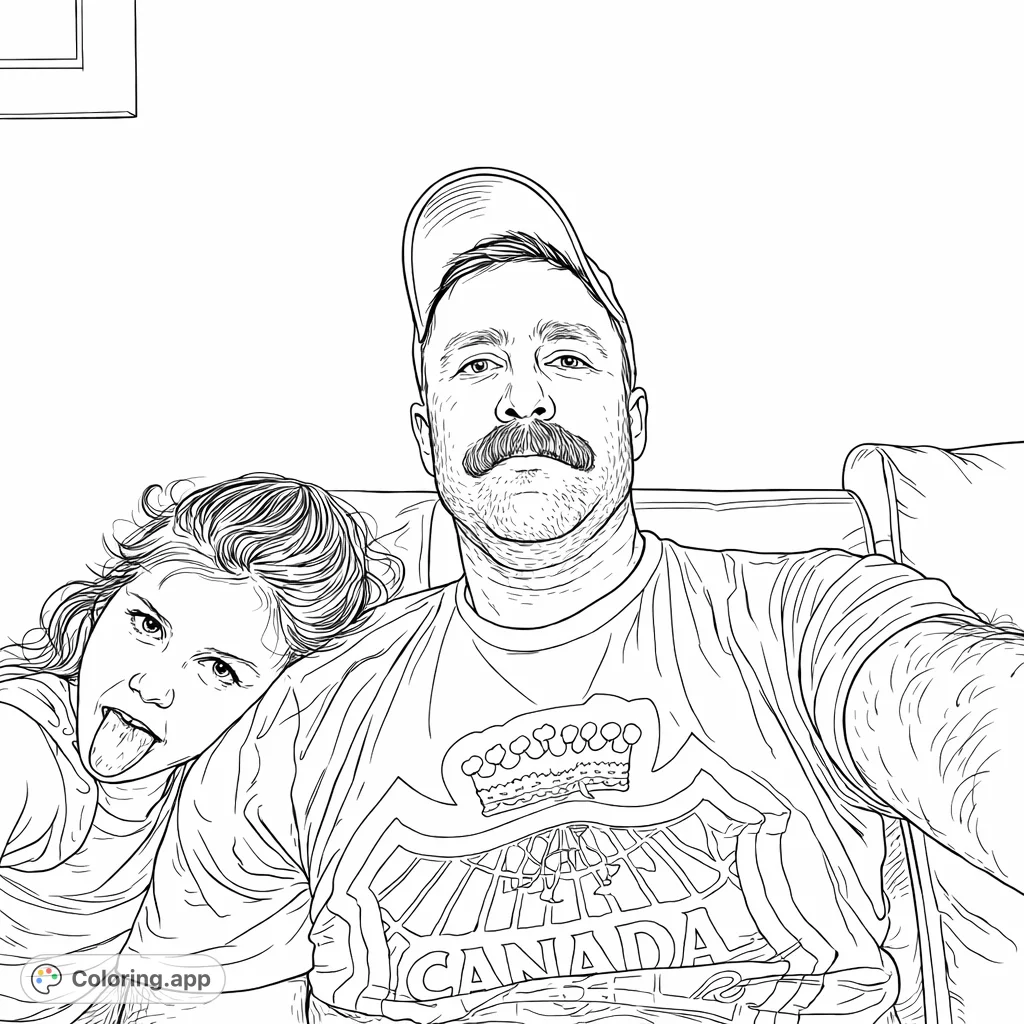 Capture a heartwarming scene of a father and child relaxing on a couch, featuring playful expressions and a detailed shirt graphic for creative coloring.