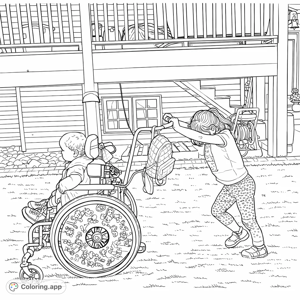 A heartwarming coloring page featuring one child playfully pushing another in a mobility device across a grassy lawn, set against a backdrop of a home. Perfect for promoting inclusivity and friendship.