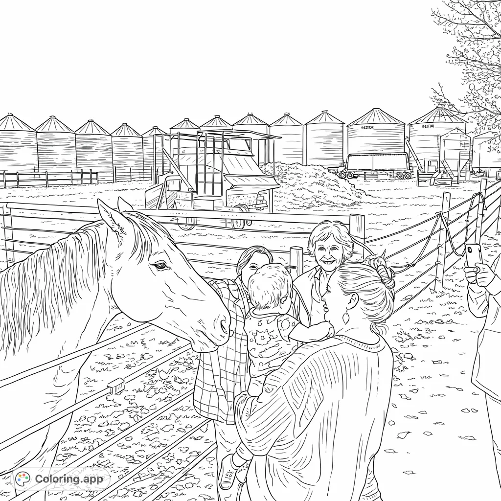 Capture a heartwarming farm scene with a gentle horse and a multi-generational family, including a curious baby. A rustic backdrop awaits your creative touch.