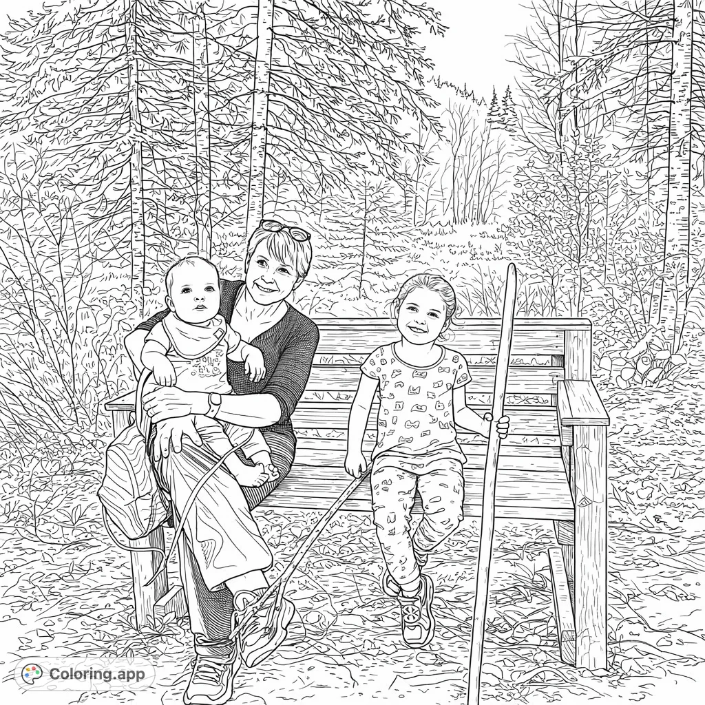 Capture a heartwarming moment of family outdoors. An older woman, a baby, and a young child share a rustic bench amidst a beautiful forest backdrop.