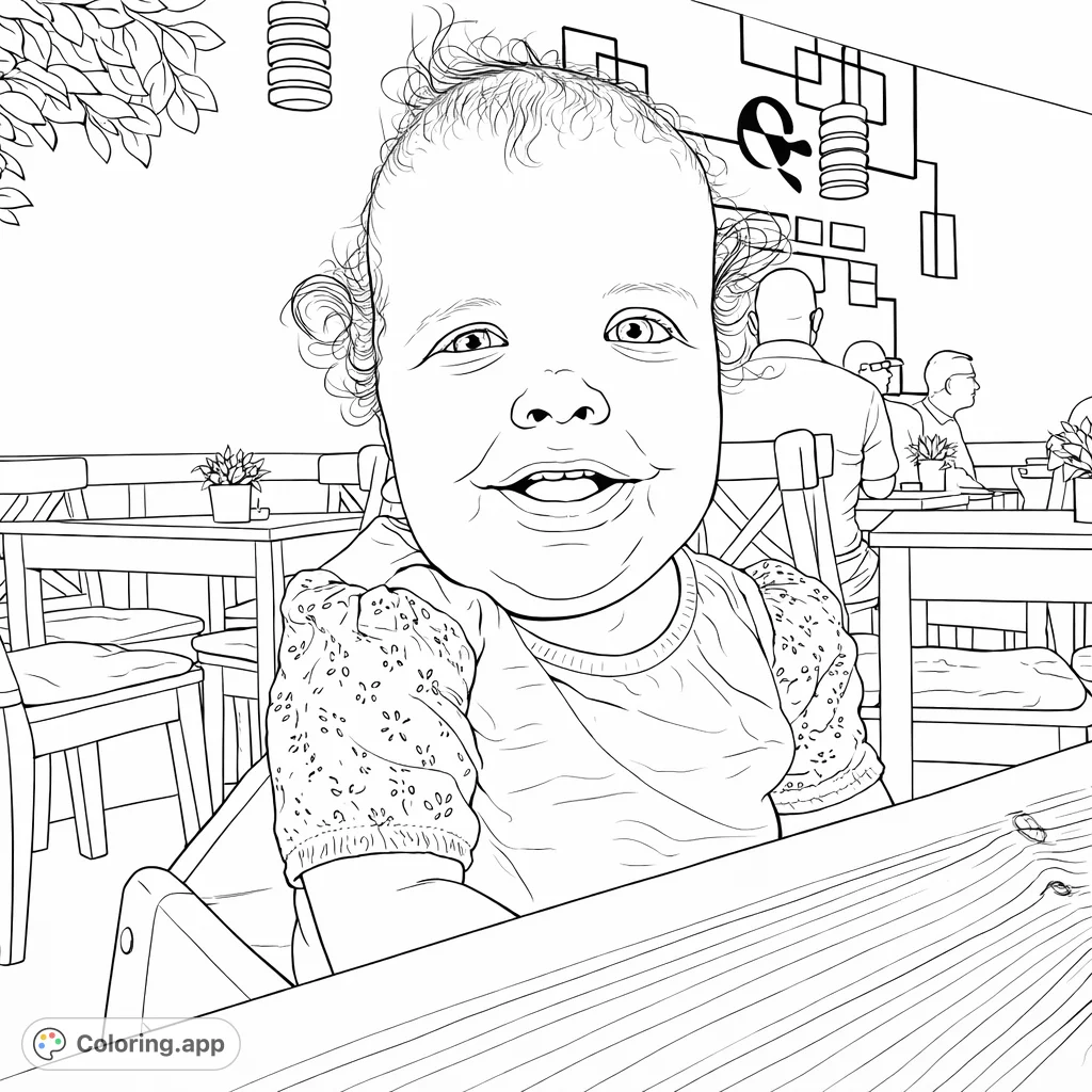 A heartwarming coloring page featuring a happy toddler smiling brightly from a high chair, ready for your creative touch. Capture their joyful expression and the cozy cafe scene.