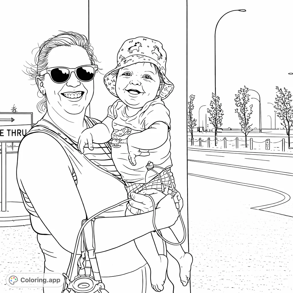 A heartwarming scene of a mother tenderly holding her smiling baby, adorned with a whimsical hat, against an urban backdrop. Celebrate this special bond.