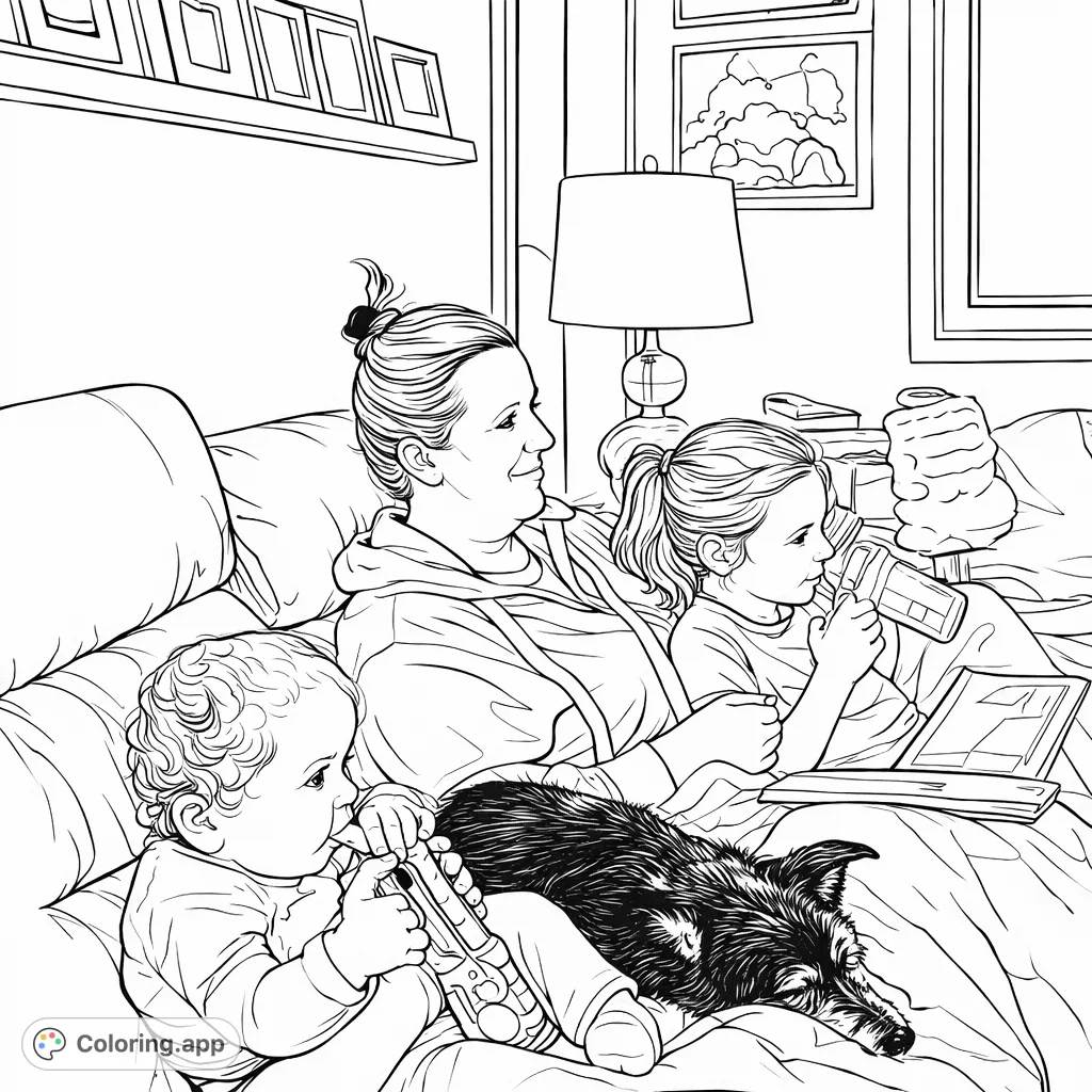 A heartwarming scene of a family relaxing together on a couch. Features an adult and two children enjoying quiet moments with toys and a cozy blanket.