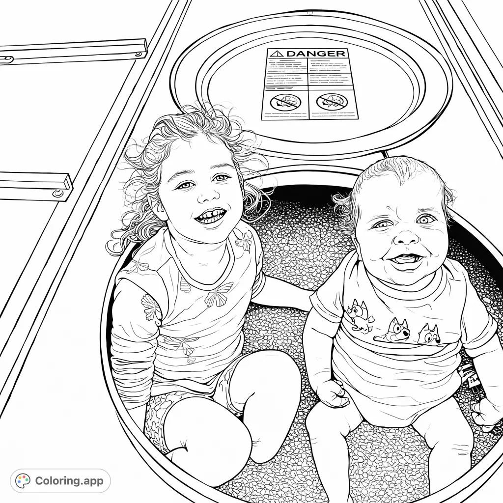 Two smiling children explore a unique metal container filled with grains, offering a playful and imaginative scene for creative coloring fun.