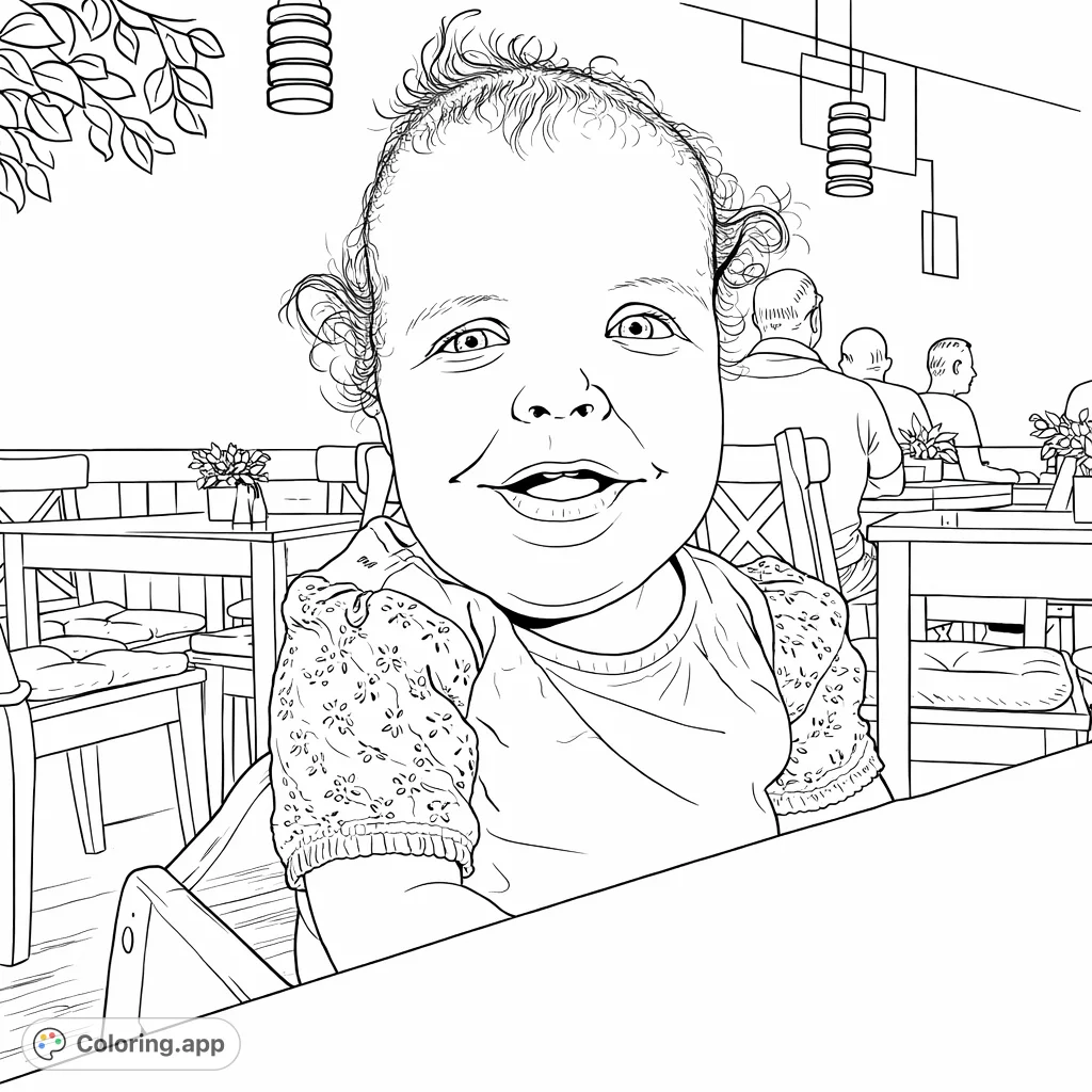 A delightful child with a joyful smile sits at a cafe table, ready for creative expression. This heartwarming scene offers simple shapes and engaging details for all ages.