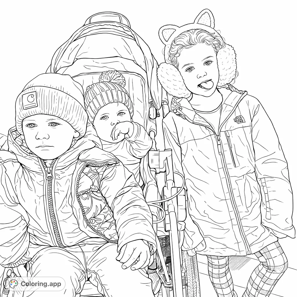 A cheerful coloring page featuring three children bundled in winter jackets, hats, and earmuffs, with playful expressions, perfect for all ages.