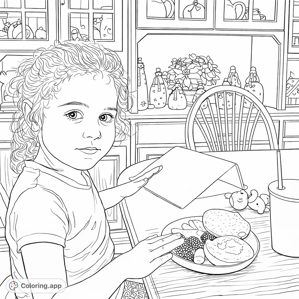 A charming scene of a young girl seated at a wooden table with her meal, featuring a plate of food, a drink, and a cozy home background filled with unique decorations.