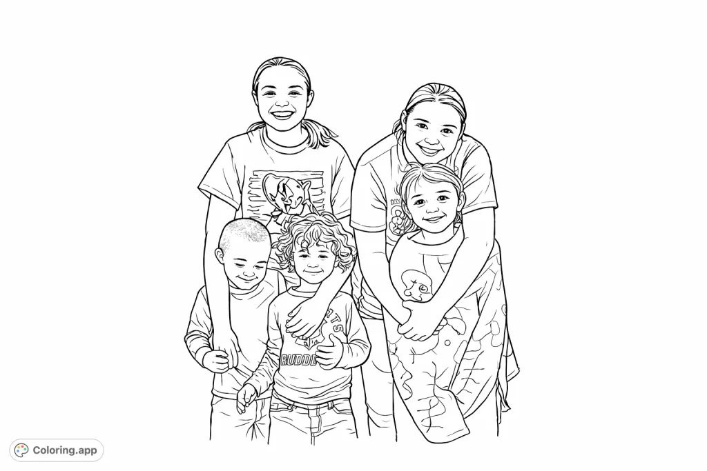 A joyful group of two older girls and three younger children smiling together against a textured wall. Perfect for a happy family or friends coloring page.