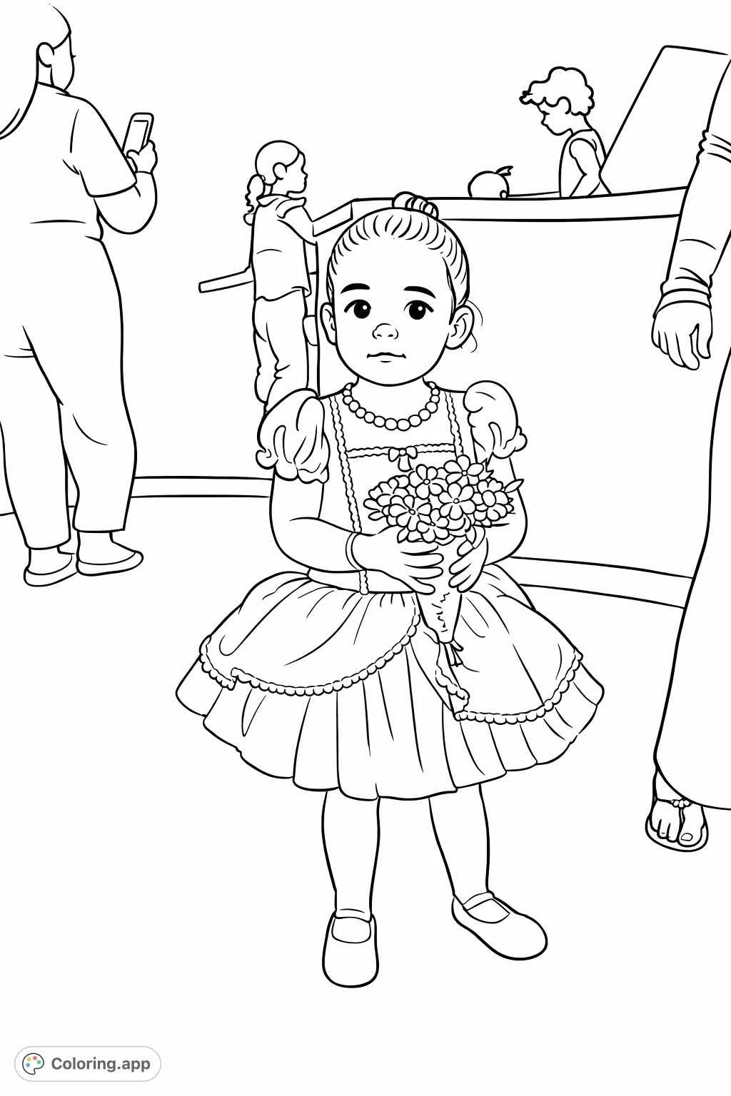 An adorable little princess in a charming gown holds a lovely bouquet. Perfect for young dreamers to color and imagine royal adventures and special occasions.