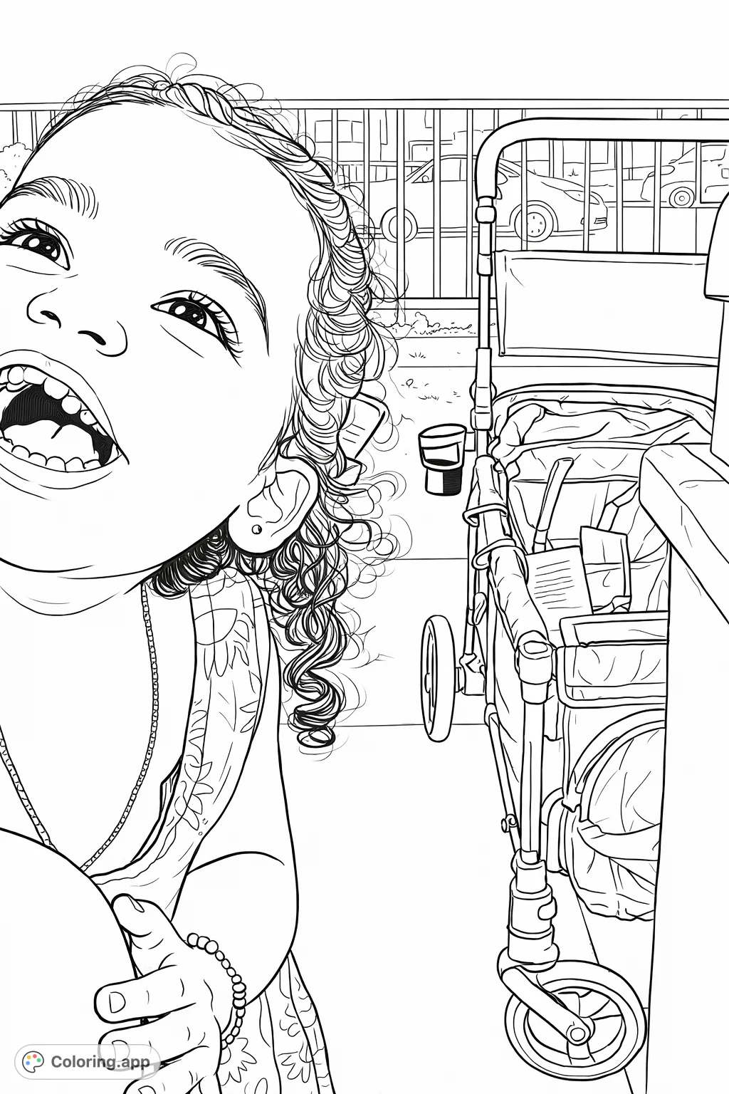 A joyful child with curly hair and a wide smile looking upwards. Features a patterned outfit and a partial wagon, perfect for creative coloring fun.