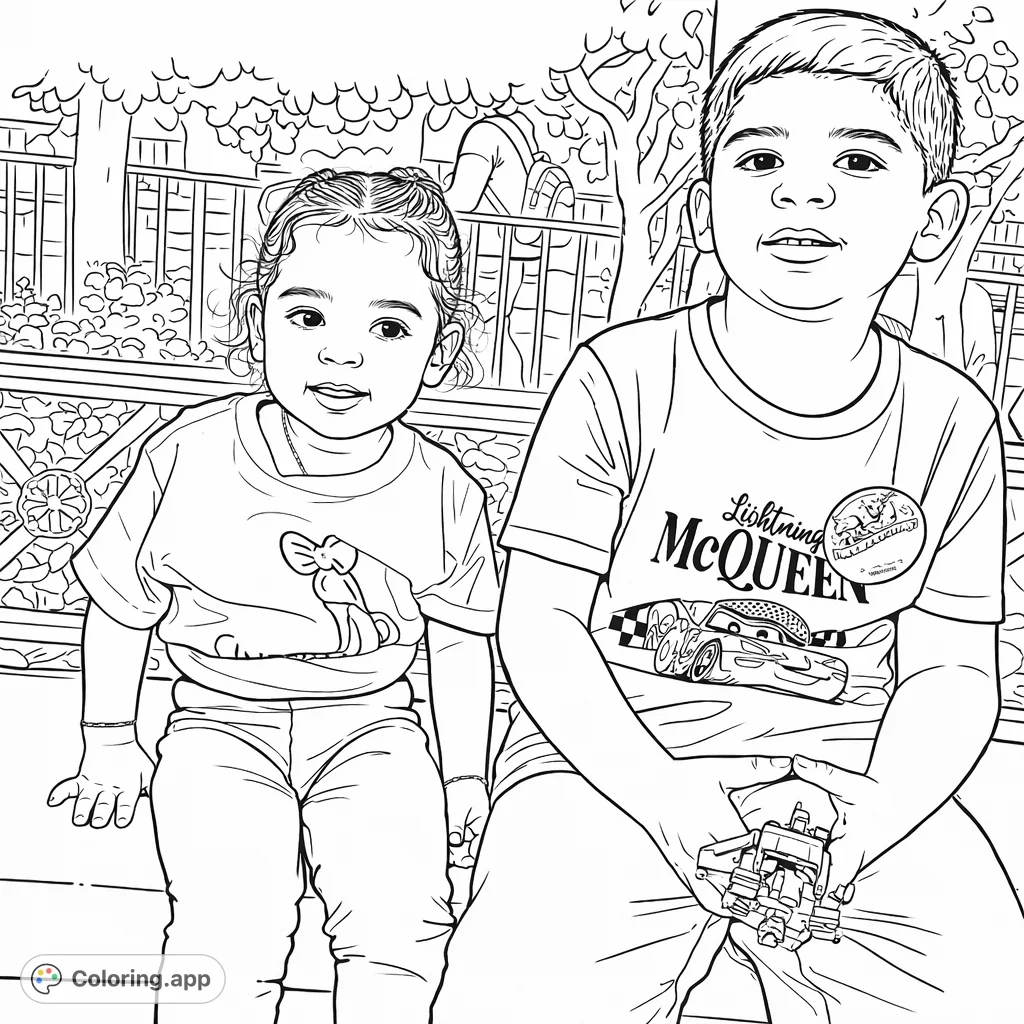 A sweet kids coloring page featuring two children, a girl and a boy, sitting together on a park bench. Enjoy coloring their outfits and toy in a lovely outdoor scene.