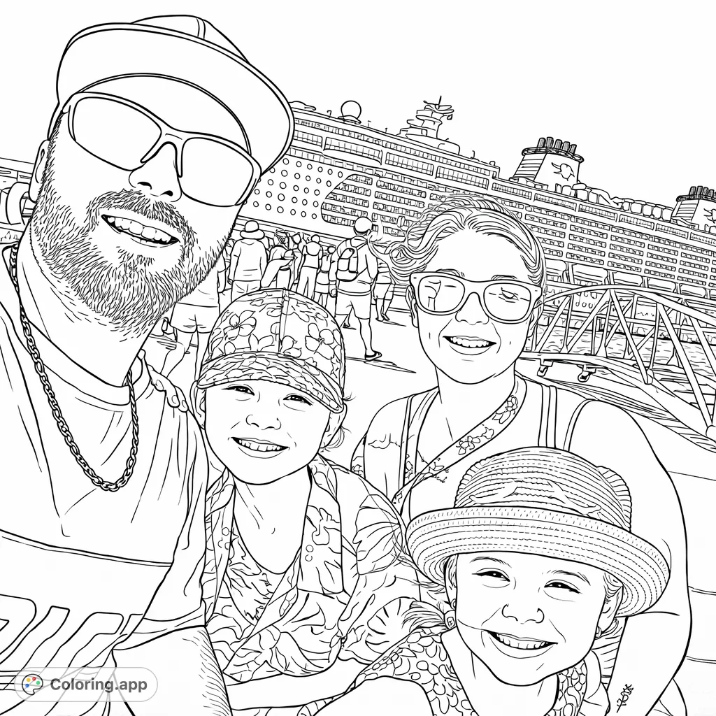 A joyful family selfie featuring two adults and two children in front of a grand cruise ship. Perfect for adding vibrant details to a memorable vacation scene.