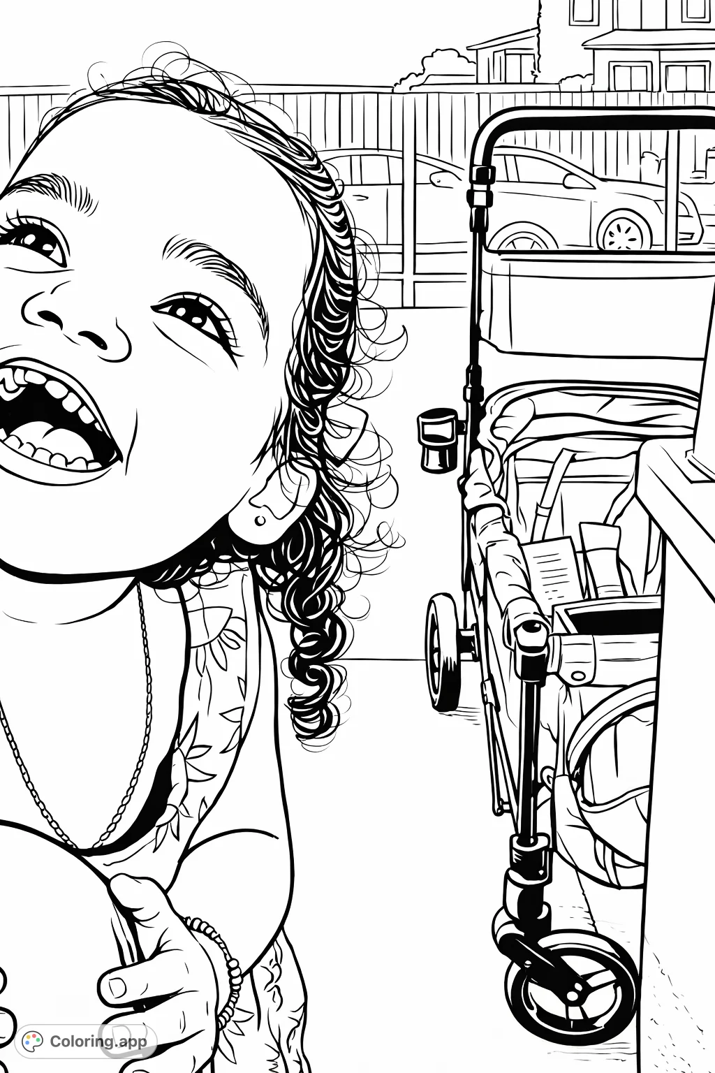 Capture the infectious joy of a young child with curly hair and a patterned dress, looking upwards with a bright smile, alongside a wagon in an outdoor setting.