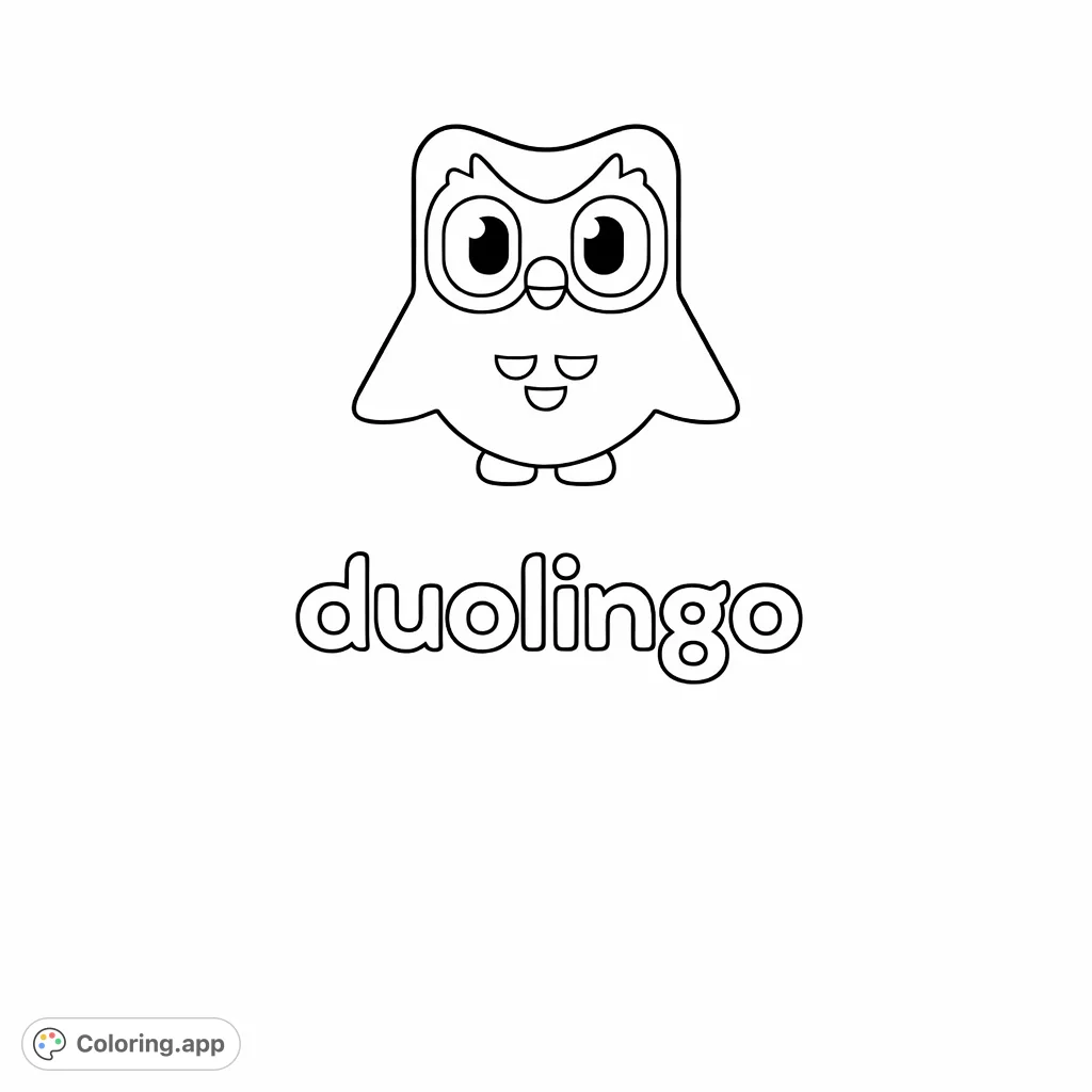 Color this friendly, stylized owl mascot and the "duolingo" text. A simple and engaging coloring page for all ages, perfect for quick relaxation.
