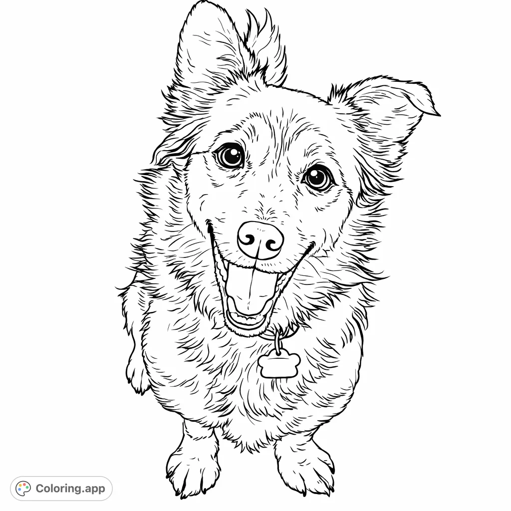 A cheerful, fluffy dog sits smiling broadly on a textured floor, looking up. A delightful animal coloring page for all ages, perfect for pet lovers.