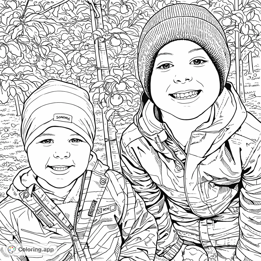 Capture the joy of an apple orchard adventure with this coloring page featuring two smiling boys amidst fruit-laden trees and a delicious, partially eaten apple.
