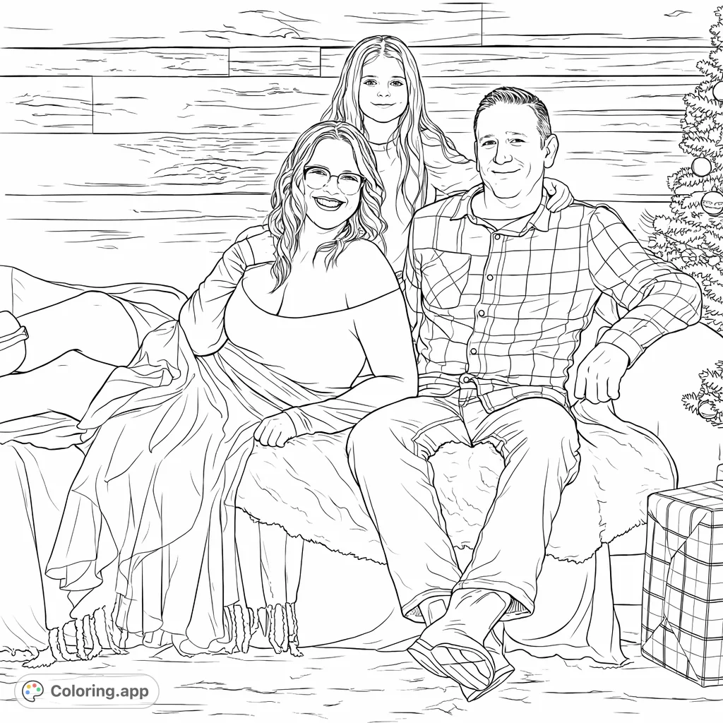 A heartwarming family portrait featuring a couple, their child, and festive decor. Capture cherished moments with this detailed scene.