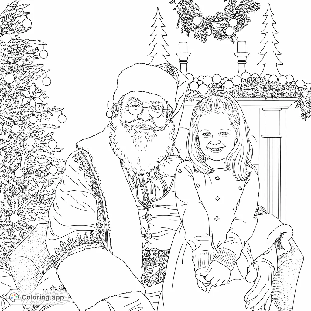 Capture the joy of the festive season with Santa Claus and a smiling child in a beautifully decorated setting. Perfect for holiday coloring fun!