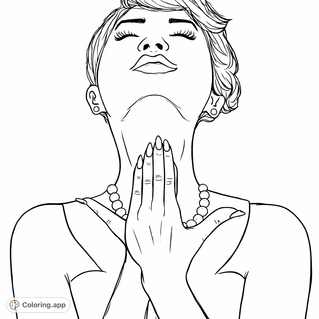 Immerse yourself in this elegant portrait of a woman with a pearl necklace and serene expression. A unique fashion-themed free printable coloring page.