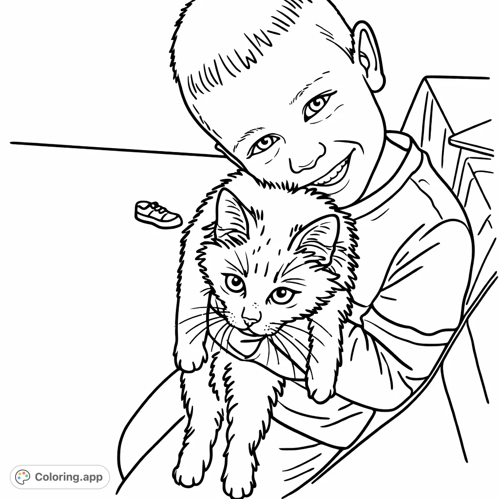 A heartwarming free printable boy and cat coloring page. Features a smiling child gently holding their fluffy pet feline in a simple, cartoony style.