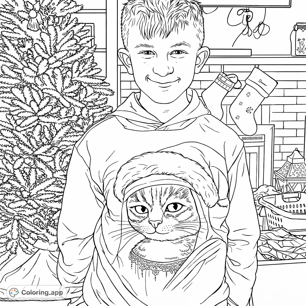 A fun holiday coloring page featuring a boy in a unique cat-themed Mona Lisa Santa hat hoodie, set against a festive home background. Perfect for creative expression!