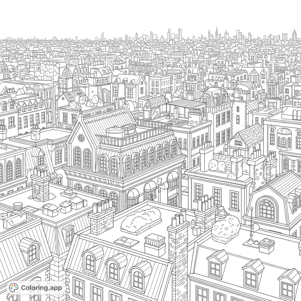 Explore an intricately detailed Victorian cityscape from an aerial perspective, featuring ornate buildings, gabled roofs, and a bustling urban grid.