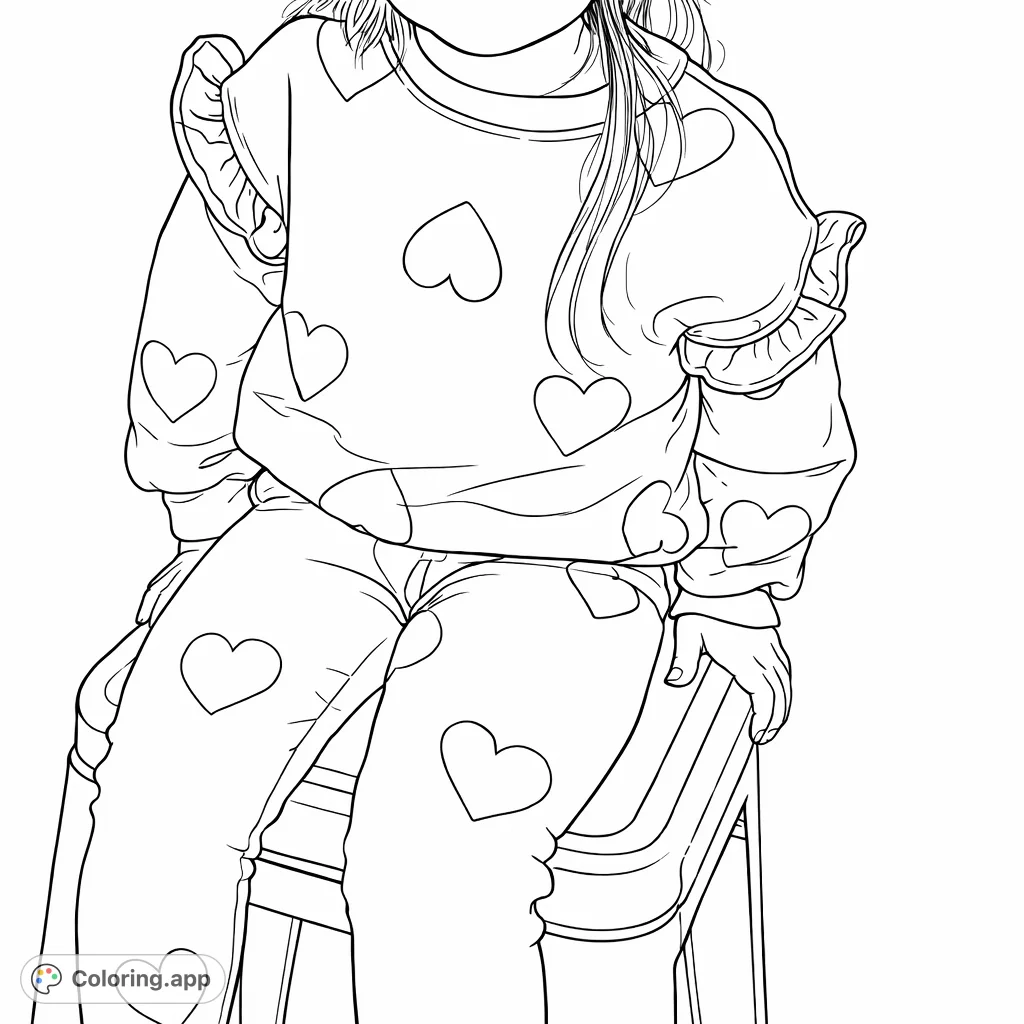 A charming coloring page featuring a child wearing a cute heart-patterned outfit, seated on a stool. Perfect for young artists to personalize with cheerful hues.