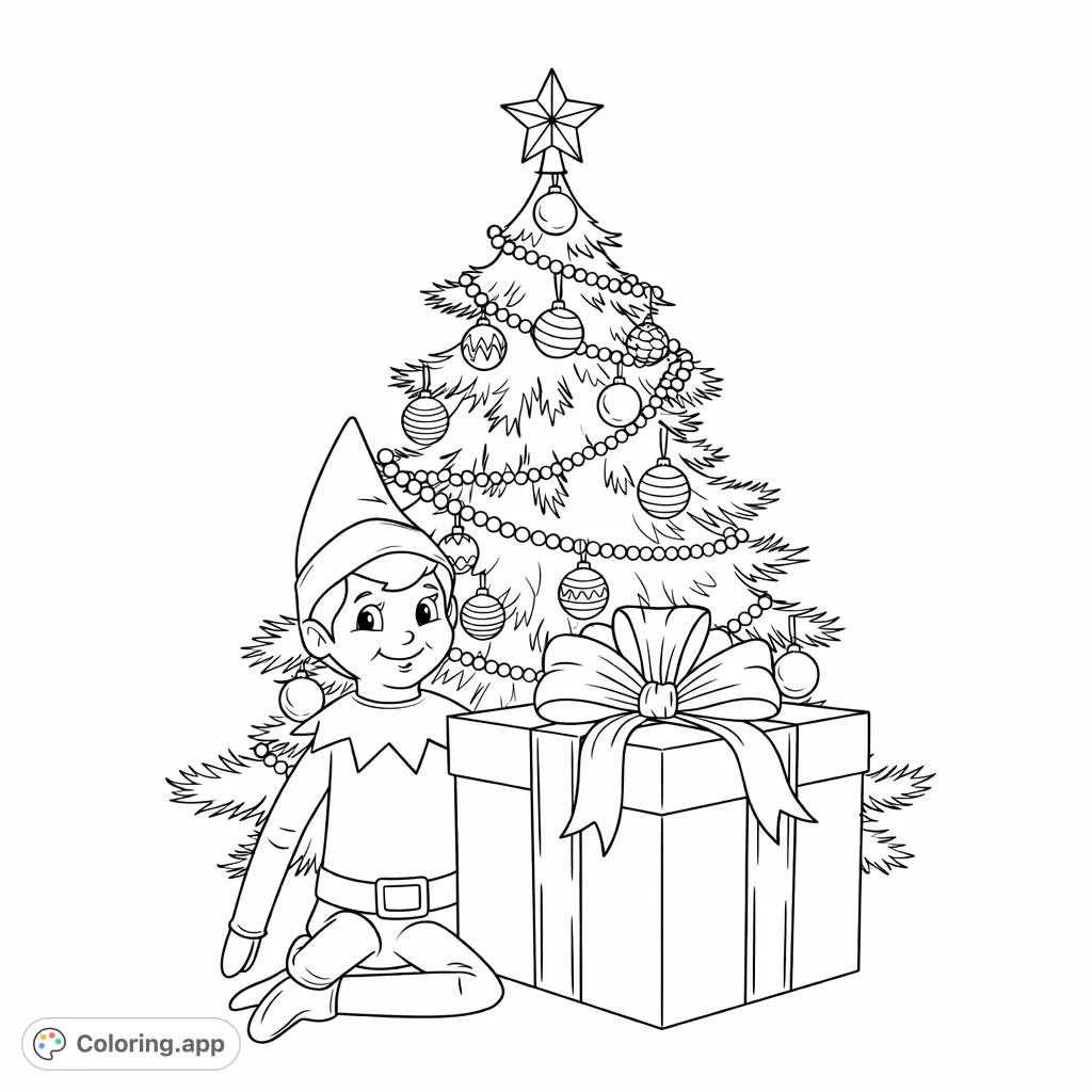 A delightful elf character sits beside a large, ribbon-tied gift box, with a beautifully decorated Christmas tree in the background, perfect for festive coloring fun!