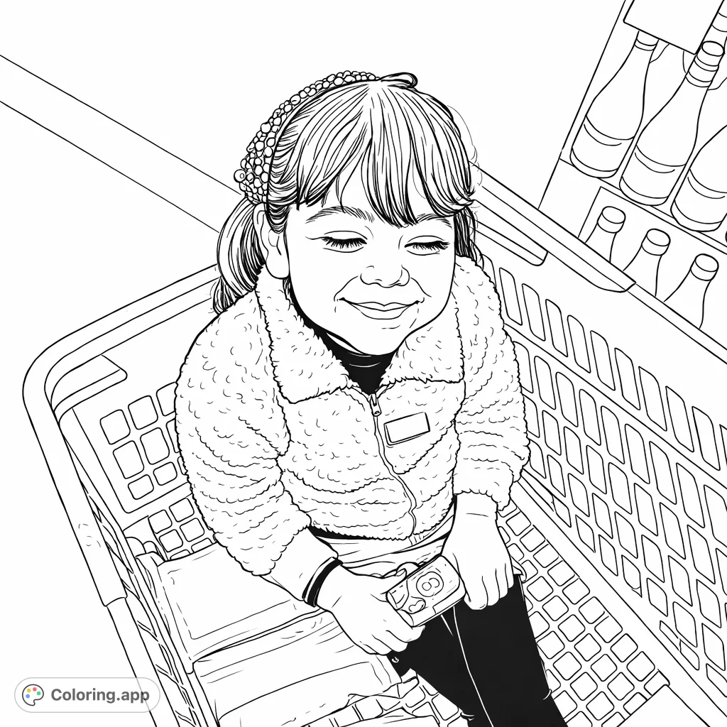 A delightful coloring page featuring a cheerful child sitting in a shopping cart, beaming with eyes closed, ready for a fun coloring adventure.