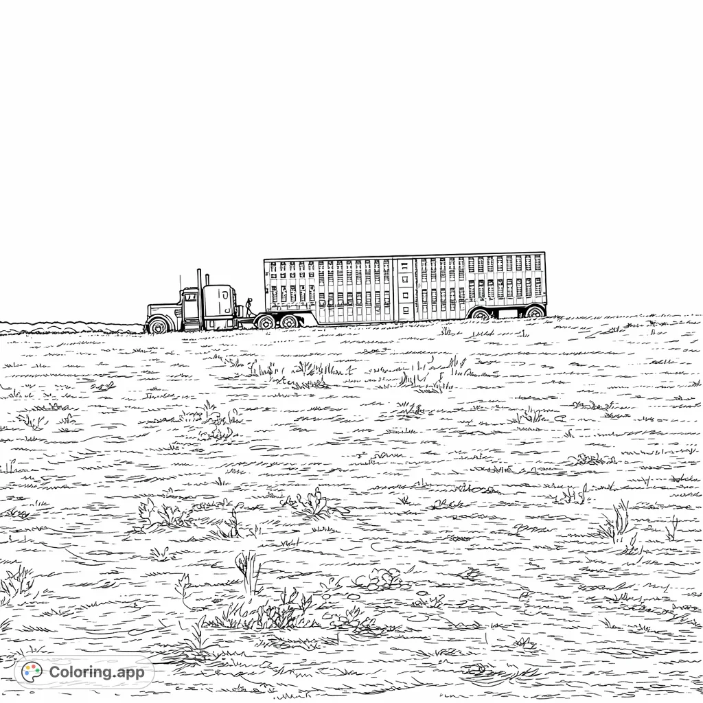 Color a large semi-truck with a detailed livestock trailer traversing a field under an open sky. Features a classic rig and expansive rural landscape.