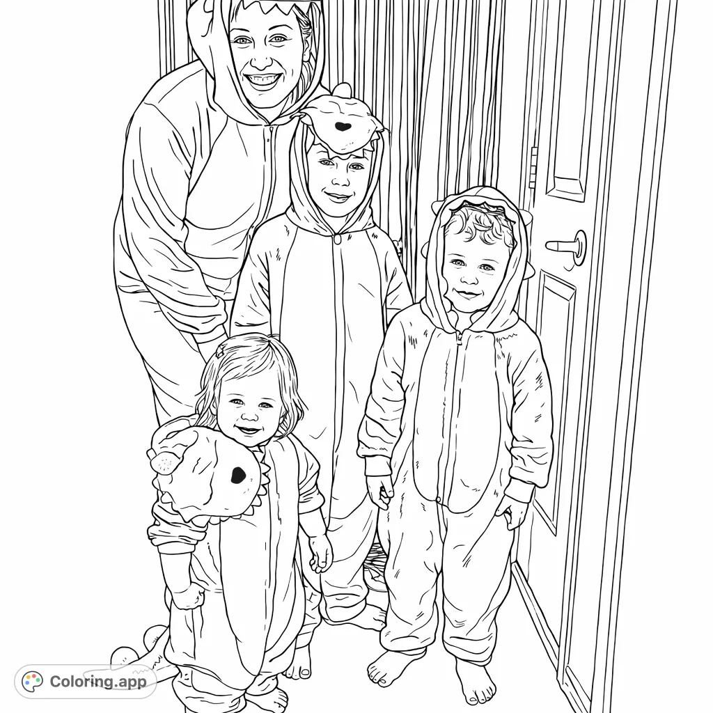 A joyful family poses in playful dinosaur costumes, featuring a mom and three kids ready for prehistoric fun and adventure. Perfect for coloring!