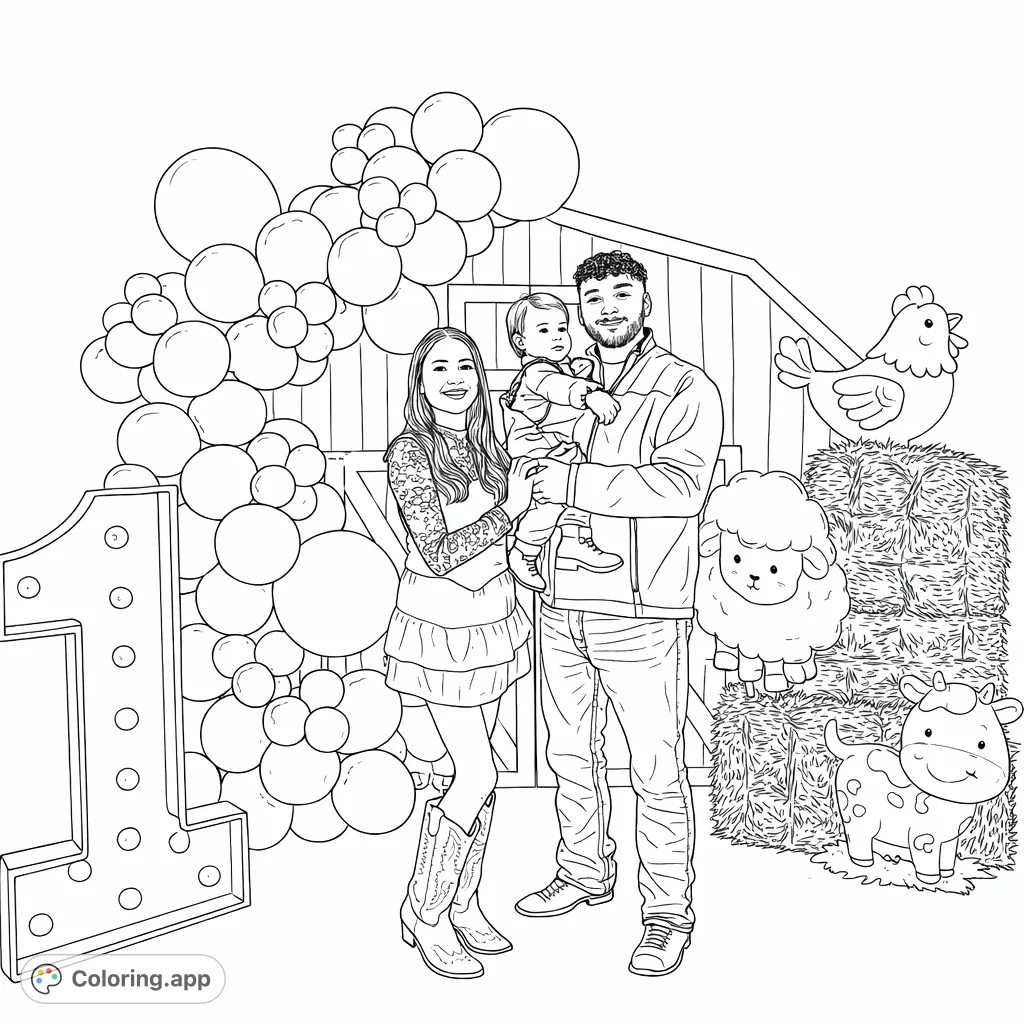 A joyful farm-themed birthday celebration with a family of three, barn backdrop, balloons, and adorable farm animal cutouts. Perfect for farm coloring page fans!