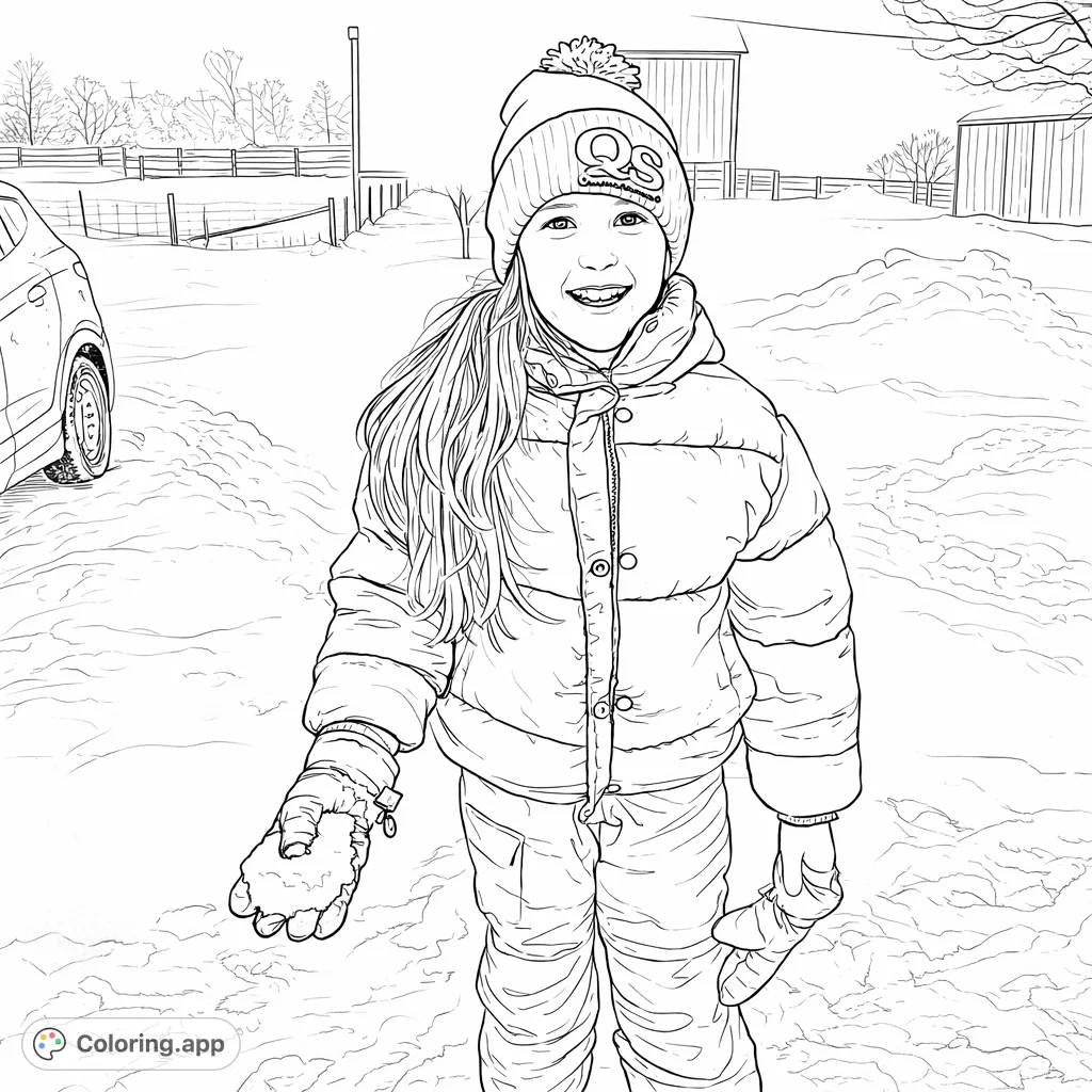 A joyful girl in winter gear holds a snowball in a snowy rural setting. Perfect for winter-themed fun and coloring enthusiasts of all ages.