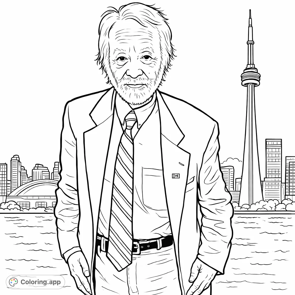 A distinguished gentleman with a beard stands before a fun, cartoony Toronto cityscape, complete with the CN Tower. A free printable Toronto cityscape coloring page for adults.