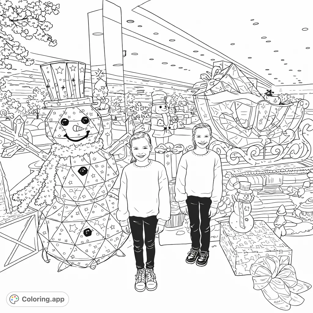 Two cheerful girls pose with a grand faceted snowman and sleigh, surrounded by a whimsical holiday-themed display, perfect for detailed coloring.