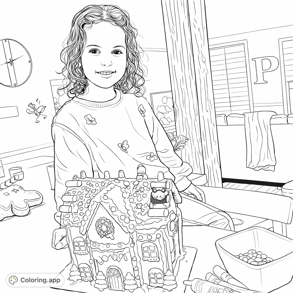 A joyful child showcases a magnificently decorated gingerbread house, ready for imaginative coloring. Perfect for holiday cheer and creative fun.