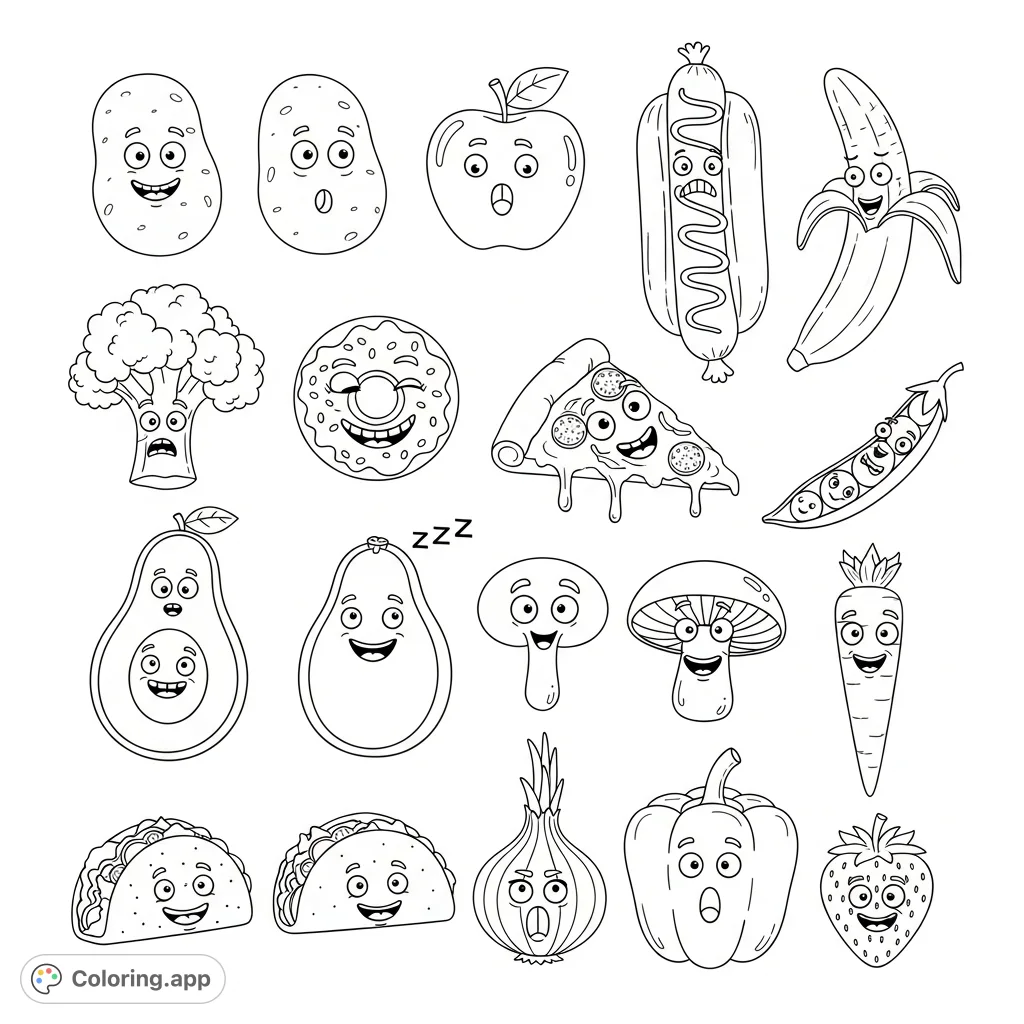 Explore a delightful collection of fifteen funny food characters, each with unique, whimsical faces. A charming and humorous coloring page for all ages.