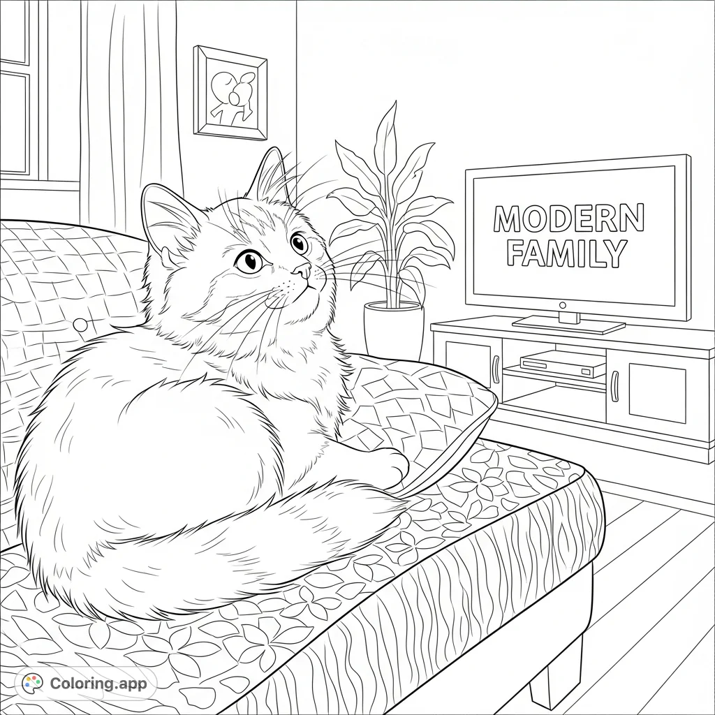 An adorable kitten intently watching "Modern Family" on TV, nestled on a cozy couch. A charming scene for any pet lover and TV enthusiast.