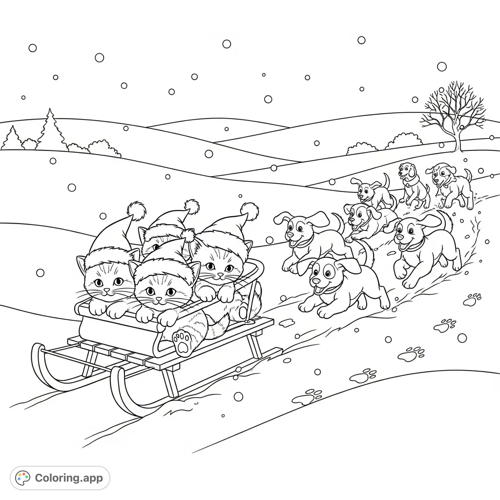 A heartwarming winter scene featuring adorable kittens in Santa hats on a sled, playfully chased by happy dogs in a snowy landscape. Perfect for all ages!