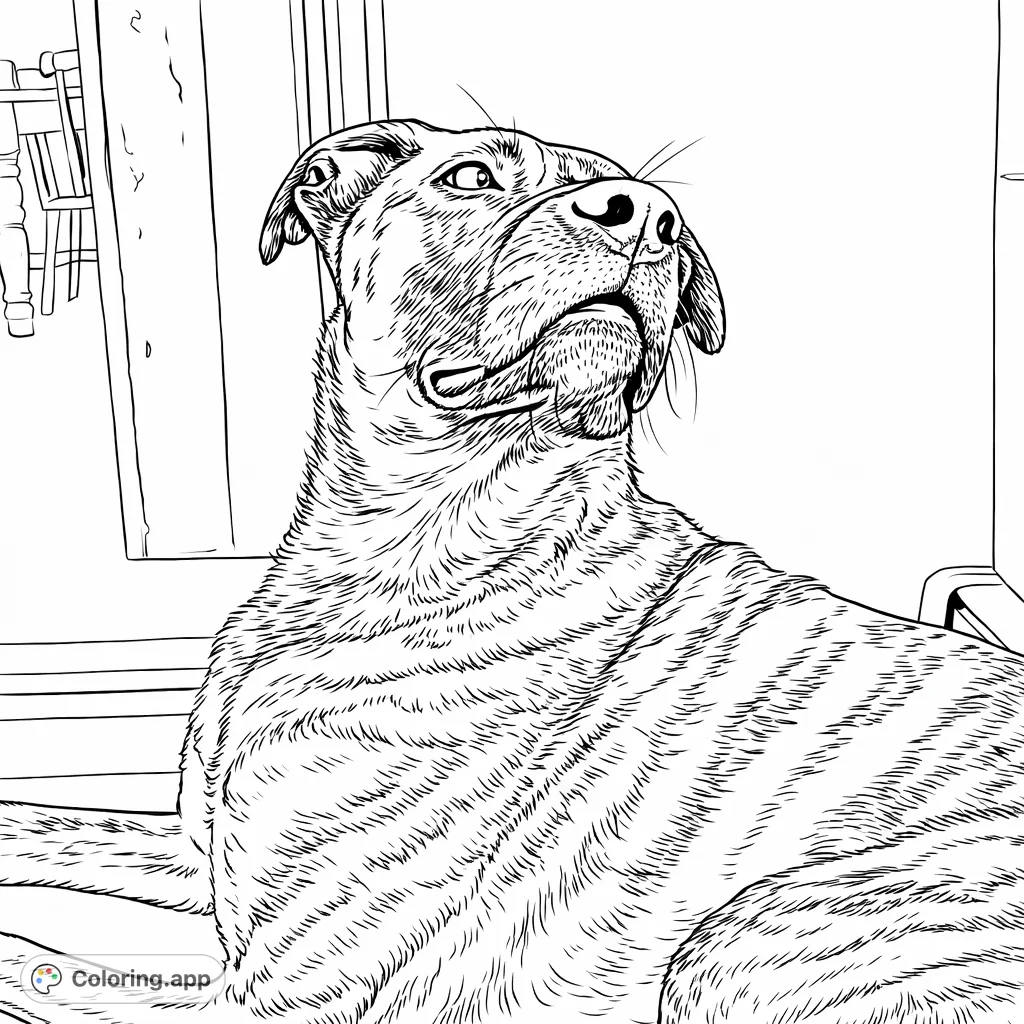 A captivating brindle dog with distinctive striped fur, lying down and looking attentively. Perfect for dog lovers and those who enjoy detailed animal portraits.