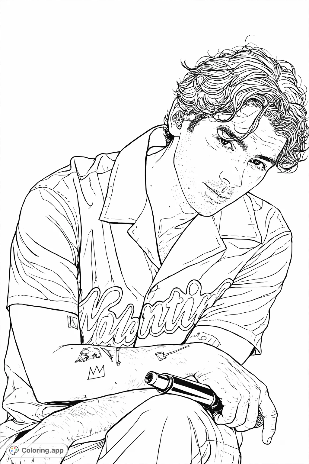 A detailed portrait of a musician holding a microphone, featuring intricate tattoos and a stylish shirt, set against a softly blurred background.